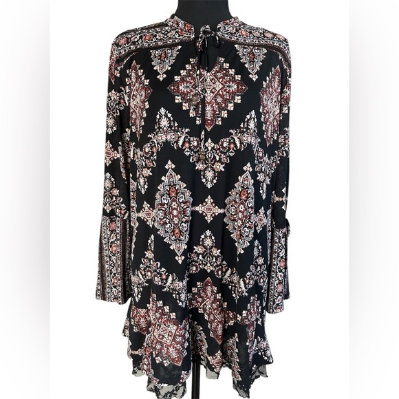 Style & Co Black Boho Paisley Print Tunic Blouse with Lace Hem Size Large - Picture 1 of 6